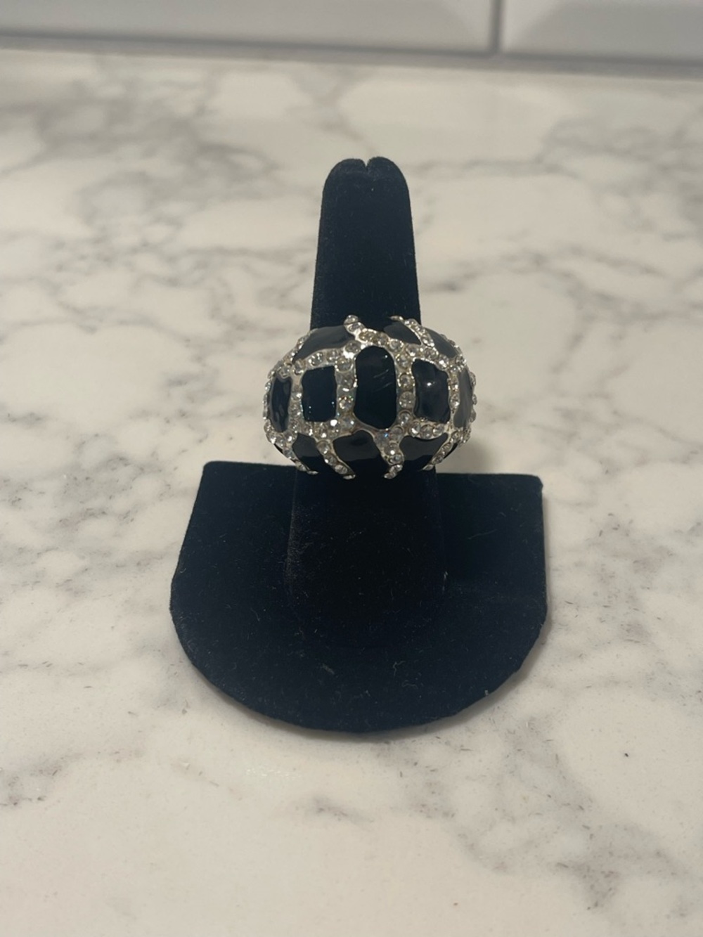 Black and Silver Crystal Dome Cocktail Ring - Women's Fashion Ring
